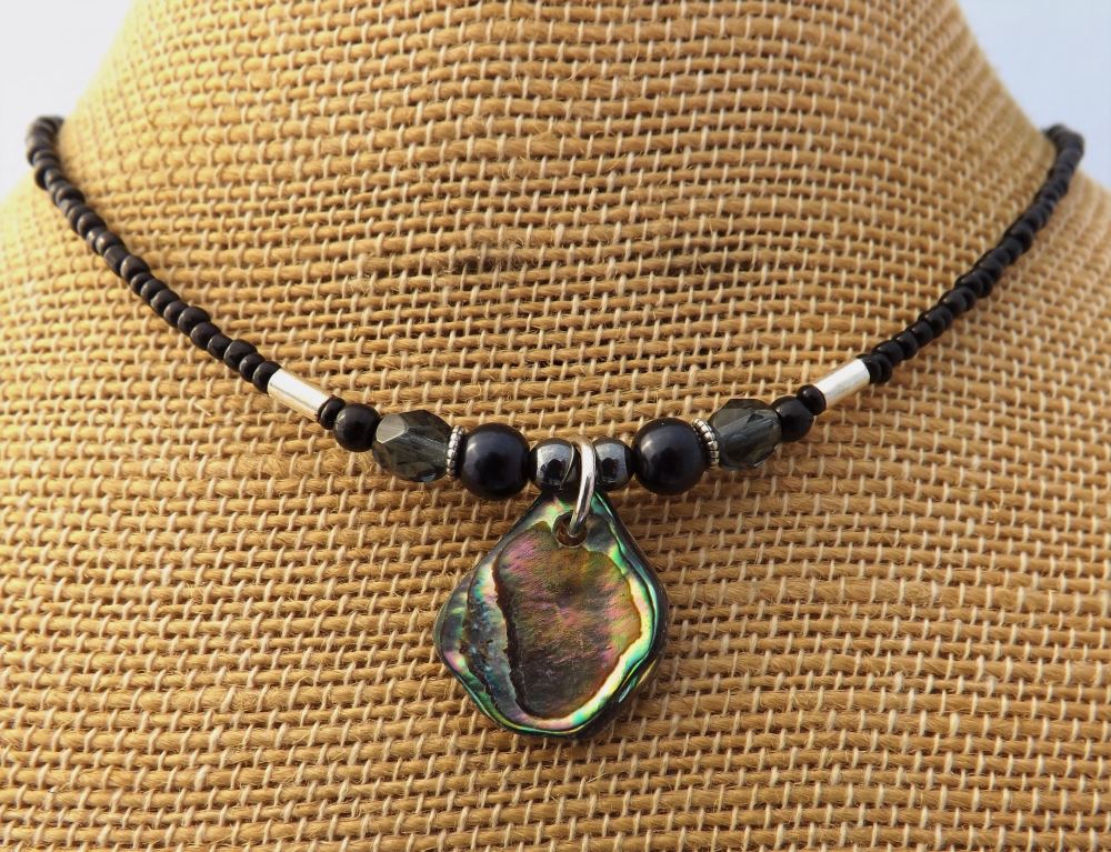 Black Handmade Paua & Bead Necklace