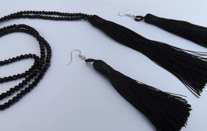 Black Tassel & Crystal Cut Beads, Necklace & Earrings Set