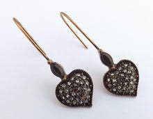 Load image into Gallery viewer, Black &amp; Bronze Diamante Heart Earrings on Long Hooks, Copper Tone
