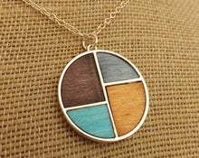 Load image into Gallery viewer, Black, Brown, Blue, Grey &amp; Gold Tone Wood Panel Round Necklace
