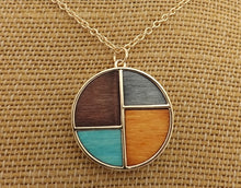 Load image into Gallery viewer, Black, Brown, Blue, Grey &amp; Gold Tone Wood Panel Round Necklace

