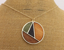 Load image into Gallery viewer, Black, Brown, Green &amp; Gold Tone Wood Panel Round Necklace
