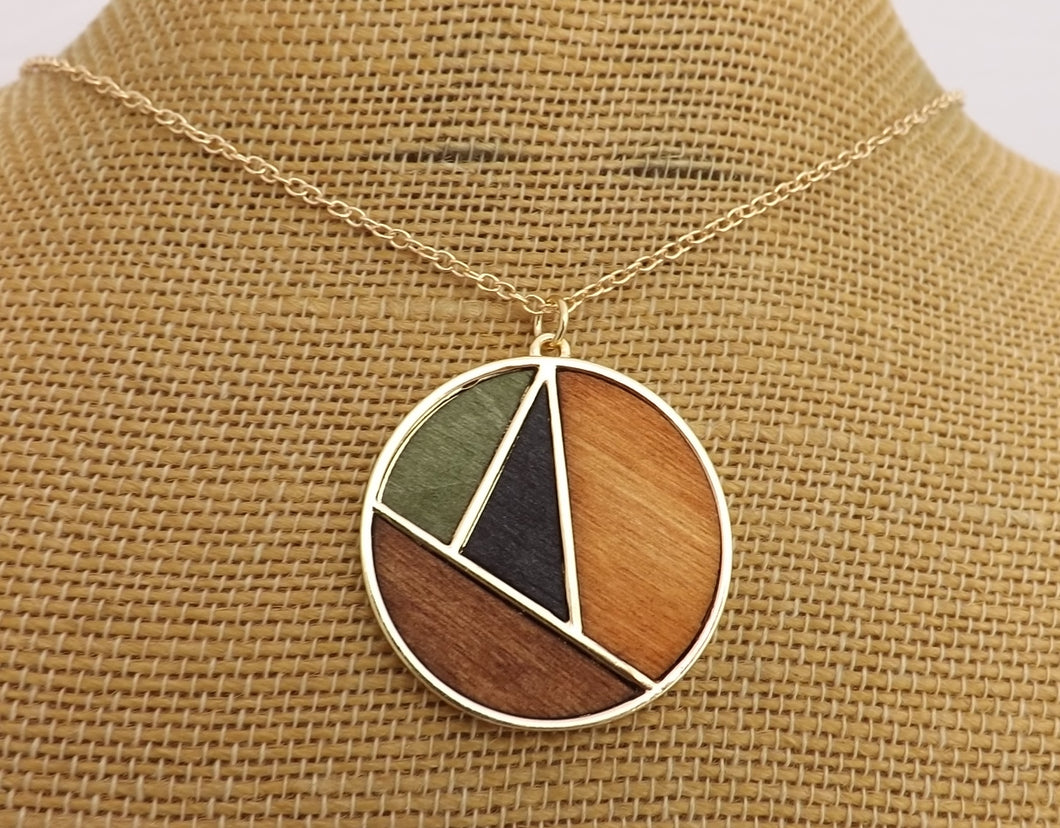 Black, Brown, Green & Gold Tone Wood Panel Round Necklace