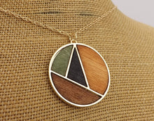 Load image into Gallery viewer, Black, Brown, Green &amp; Gold Tone Wood Panel Round Necklace
