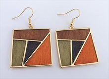 Load image into Gallery viewer, Black, Brown, Green &amp; Gold Tone Wood Panel Square Drop Earrings

