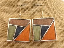 Load image into Gallery viewer, Black, Brown, Green &amp; Gold Tone Wood Panel Square Drop Earrings

