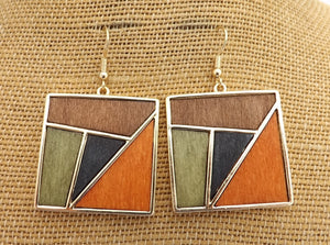 Black, Brown, Green & Gold Tone Wood Panel Square Drop Earrings