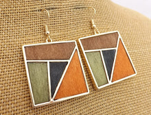 Load image into Gallery viewer, Black, Brown, Green &amp; Gold Tone Wood Panel Square Drop Earrings
