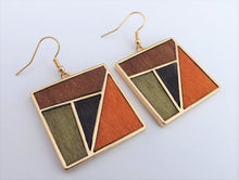 Load image into Gallery viewer, Black, Brown, Green &amp; Gold Tone Wood Panel Square Drop Earrings
