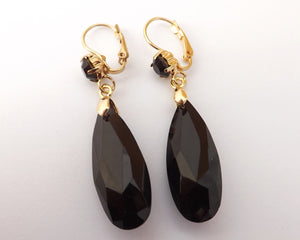 Black & Gold Tone  Faceted Teardrop Earrings with Lever Back Hook