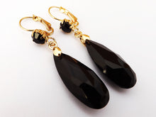 Load image into Gallery viewer, Black &amp; Gold Tone  Faceted Teardrop Earrings with Lever Back Hook
