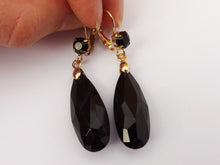 Load image into Gallery viewer, Black &amp; Gold Tone  Faceted Teardrop Earrings with Lever Back Hook
