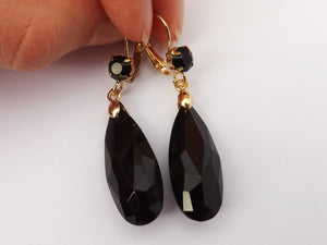 Black & Gold Tone  Faceted Teardrop Earrings with Lever Back Hook