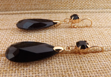 Load image into Gallery viewer, Black &amp; Gold Tone  Faceted Teardrop Earrings with Lever Back Hook
