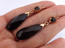 Load image into Gallery viewer, Black &amp; Gold Tone  Faceted Teardrop Earrings with Lever Back Hook
