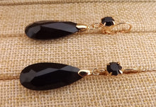 Load image into Gallery viewer, Black &amp; Gold Tone  Faceted Teardrop Earrings with Lever Back Hook
