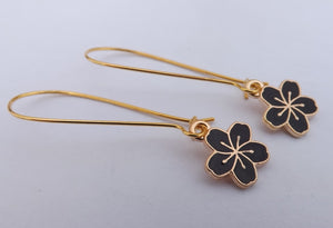 Black & Gold Tone Flower Drop Earrings on Long Kidney Hooks