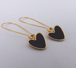 Black & Gold Tone Heart Earrings on Long Kidney Hooks