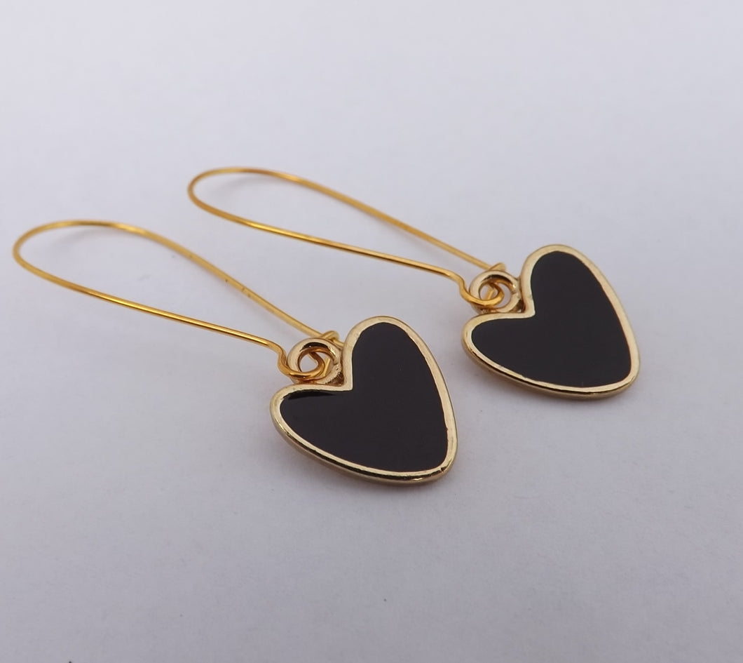 Black & Gold Tone Heart Earrings on Long Kidney Hooks