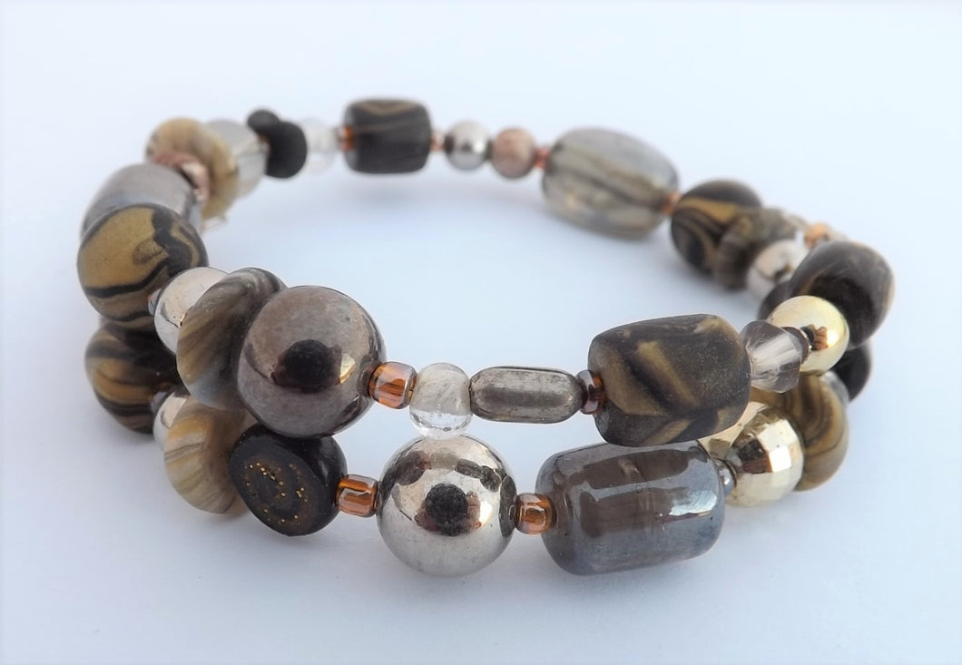 Black, Gold & Grey Beads Memory Wire Bracelet