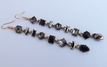 Load image into Gallery viewer, Black &amp; Grey Rhinestones, Gold Tone Long Drop Earrings
