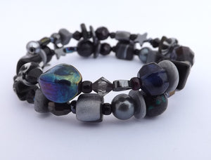 Black & Grey Beads Memory Wire Bracelet