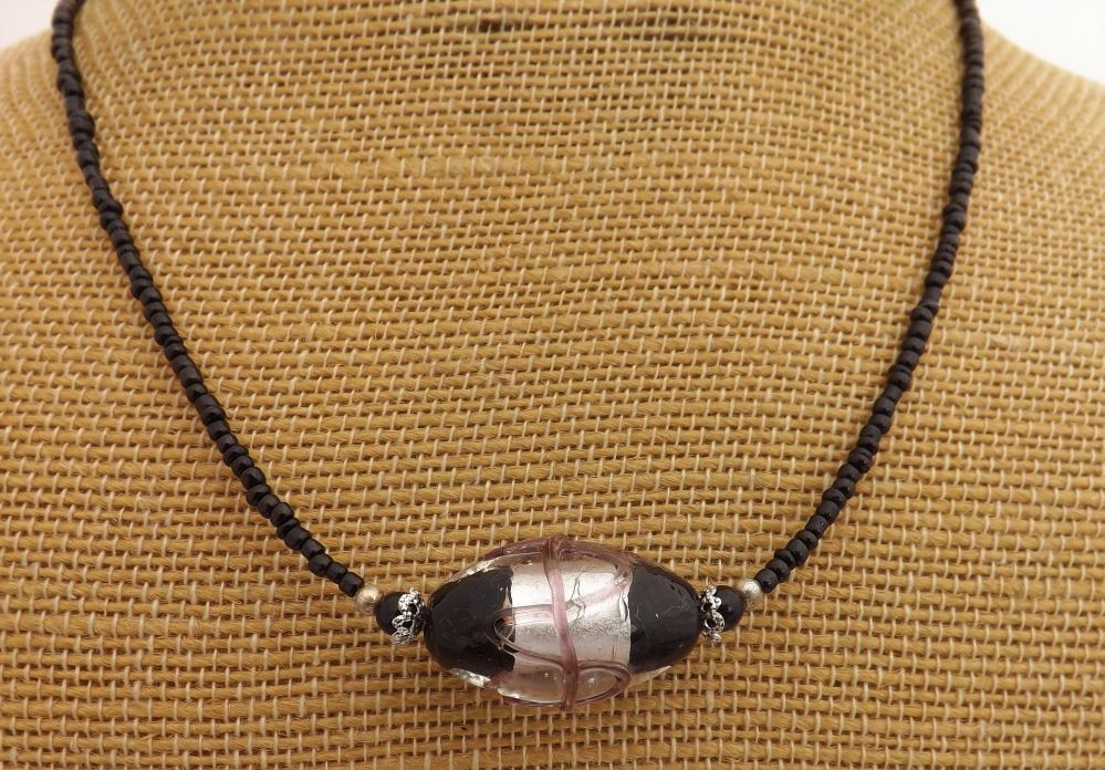 Black, Purple & Silver Foil Glass Handmade Bead Necklace