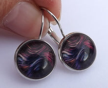 Load image into Gallery viewer, Black, Red &amp; Purple Waves - Dome Earrings on Lever Back Hooks
