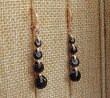 Load image into Gallery viewer, Black &amp; Rose Gold Tone Crystal Cut Drop Earrings with Lever Back Hooks
