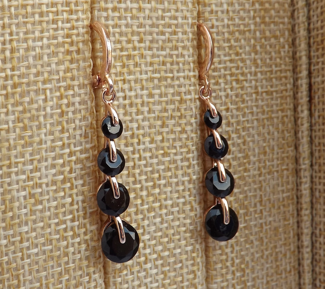 Black & Rose Gold Tone Crystal Cut Drop Earrings with Lever Back Hooks