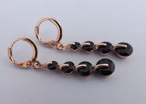 Black & Rose Gold Tone Crystal Cut Drop Earrings with Lever Back Hooks