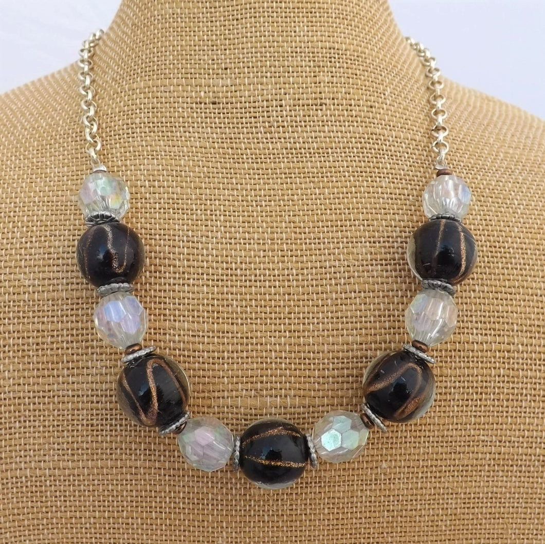 Black, Rose Gold & Clear Glass & Acrylic Handmade Bead Necklace with Chain