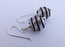 Load image into Gallery viewer, Black &amp; Silver Spiraled Lampwork Glass Bead Earrings on Sterling Silver Hooks
