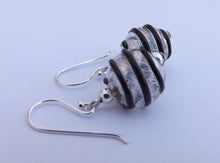 Load image into Gallery viewer, Black &amp; Silver Spiraled Lampwork Glass Bead Earrings on Sterling Silver Hooks
