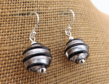 Load image into Gallery viewer, Black &amp; Silver Spiraled Lampwork Glass Bead Earrings on Sterling Silver Hooks
