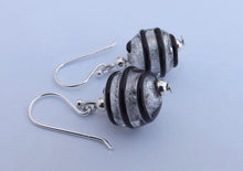 Load image into Gallery viewer, Black &amp; Silver Spiraled Lampwork Glass Bead Earrings on Sterling Silver Hooks

