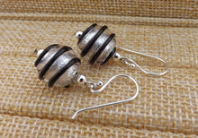Load image into Gallery viewer, Black &amp; Silver Spiraled Lampwork Glass Bead Earrings on Sterling Silver Hooks
