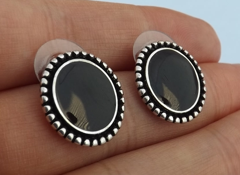 Black & Silver Tone Oval Stud Earrings