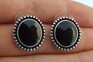 Black & Silver Tone Oval Stud Earrings