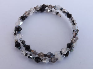 Small Black, Silver, Grey & White Bicone Faceted Glass Bead Memory Wire Bracelet