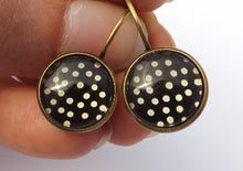 Load image into Gallery viewer, Black &amp; Tan Polka Dots - Bronze Tone Dome Earrings on Lever Back Hooks
