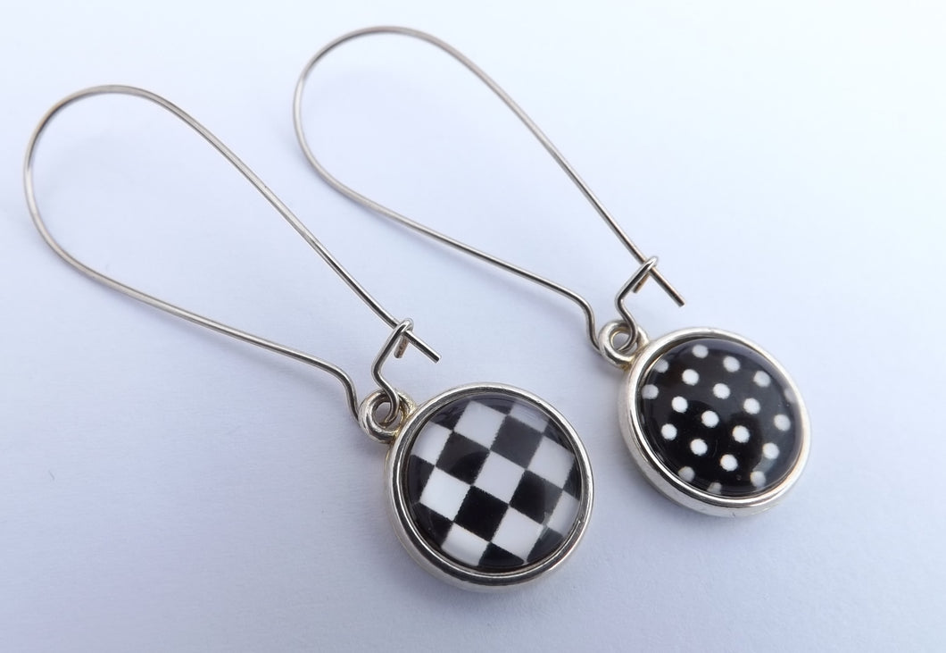 Black & White Dots & Checkers Double Sided Dome Earrings on Long Kidney Hooks