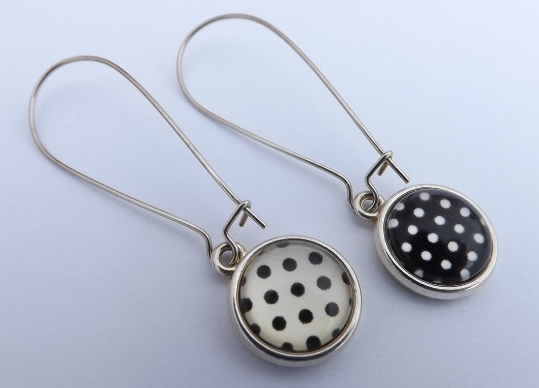 Black & White Polka Dot Double Sided Dome Earrings on Long Kidney Hooks