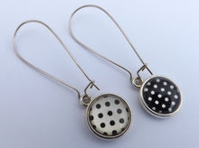 Load image into Gallery viewer, Black &amp; White Polka Dot Double Sided Dome Earrings on Long Kidney Hooks
