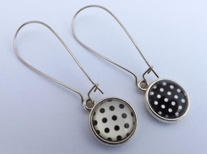 Black & White Polka Dot Double Sided Dome Earrings on Long Kidney Hooks