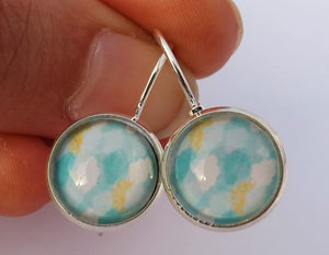 Bllue & Yellow Floral Handmade Dome Earrings on Lever back hooks