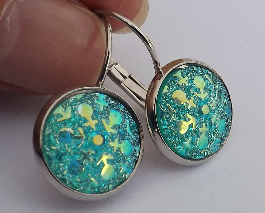 Blue AB Lustre Sparkle - Silver Dome Earrings on Lever Back Hooks