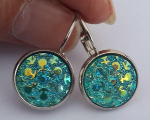 Blue AB Lustre Sparkle - Silver Dome Earrings on Lever Back Hooks