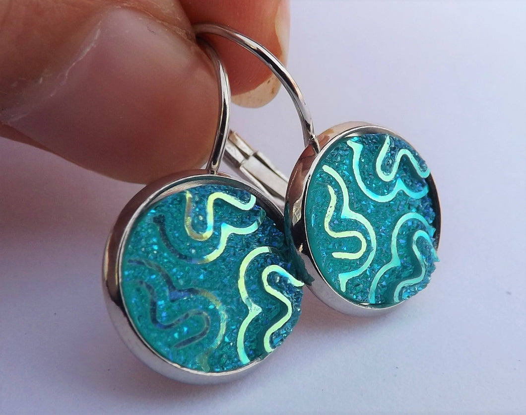 Blue AB Lustre Squiggle on Lever Back Hooks