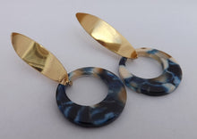 Load image into Gallery viewer, Blue Acrylic Ring Drop Earrings on Gold Tone Stud Setting

